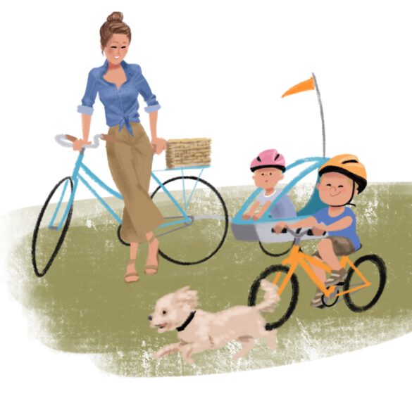 Illustration einer jungen Frau mit Rad, zwei Kindern mit Fahrrad und Fahrradhelmen und eines fröhlichen kleinen weissen Hunds