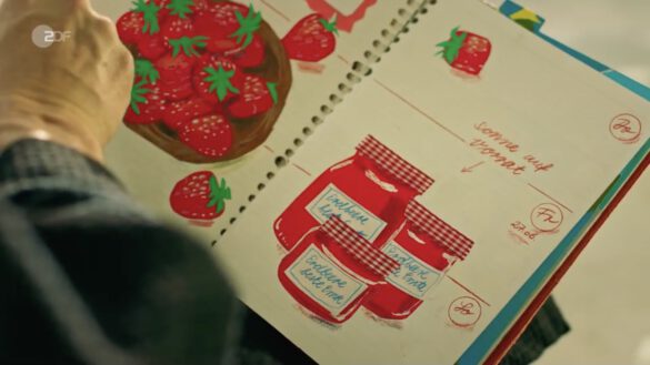 Illustration Erdbeeren und Marmeladegläsern in einem Kalender