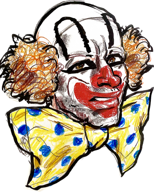 Farbige Zeichnung eines Clowns mit gelber Schleife mit blauen Punkten