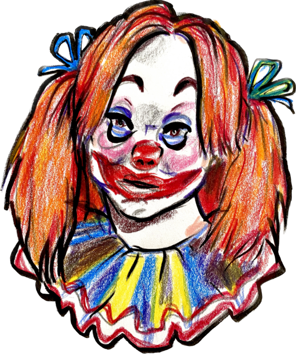 Farbige Zeichnung eines weiblichen Clowns mit Schleifen im Haar