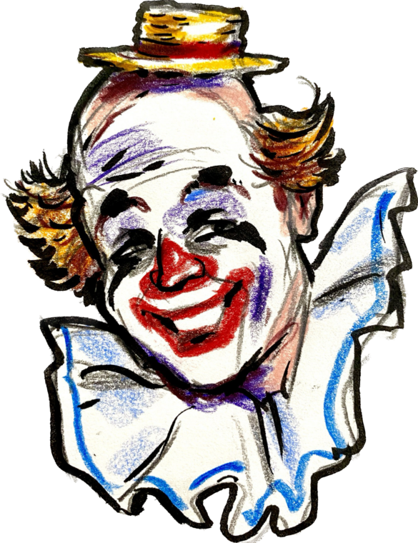 Farbige Zeichnung eines Clowns mit kleinem gelbem Strohhut