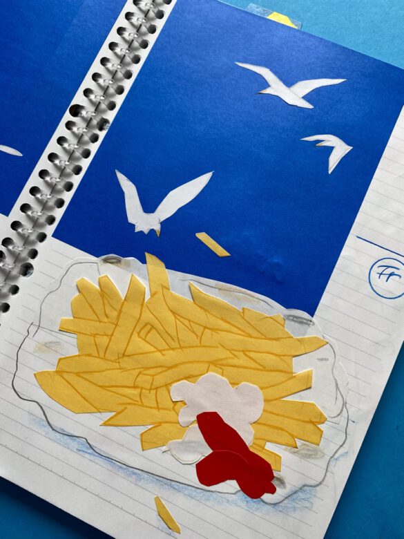 Möwen und Pommes Frites als gezeichnete Collage in einem selbst gestalteten aufgeschlagenen Kalender