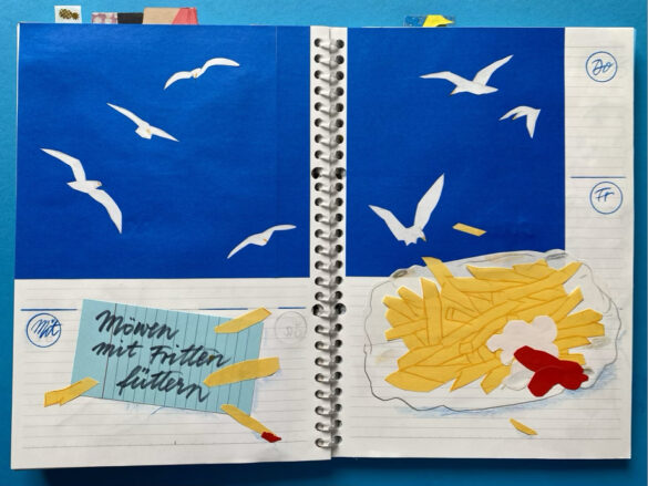 Möwen und Pommes Frites als gezeichnete Collage in einem selbst gestalteten aufgeschlagenen Kalender