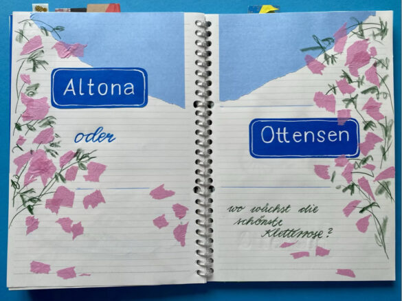 Rosen und die Schilder Altona und Ottensen als gezeichnete Collage in einem selbst gestalteten aufgeschlagenen Kalender