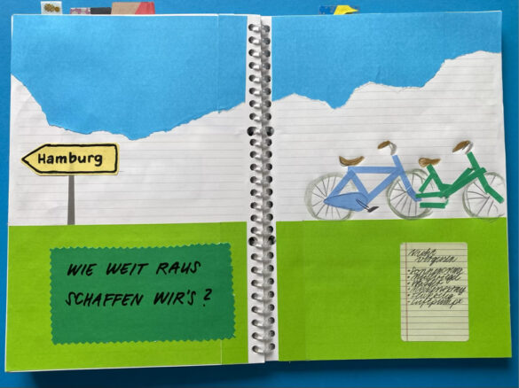Fahrräder auf einer Wiese vor blauem Himmel als gezeichnete Collage in einem selbst gestalteten aufgeschlagenen Kalender
