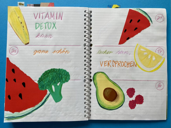 Früchte und Gemüse als gezeichnete Collage in einem selbst gestalteten aufgeschlagenen Kalender