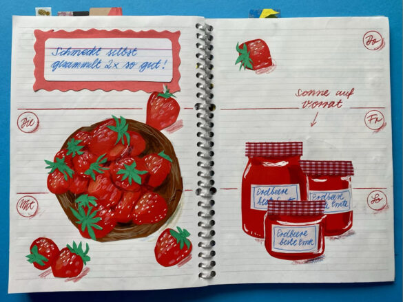 Erdbeeren in einer Holzschale und Gläser mit selbst gemachter Erdbeermarmelade als gezeichnete Collage in einem selbst gestalteten aufgeschlagenen Kalender