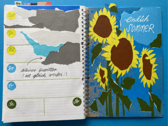 Sonnenblumen vor blauem Himmel als gezeichnete Collage in einem selbst gestalteten aufgeschlagenen Kalender