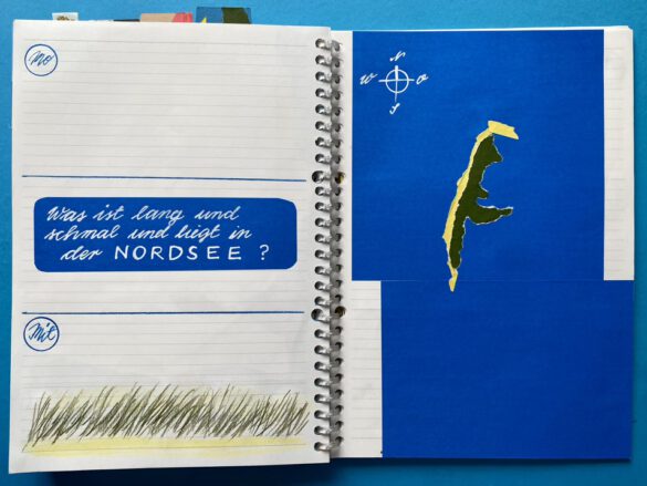 die Insel Sylt als gezeichnete Collage in einem selbst gestalteten aufgeschlagenen Kalender
