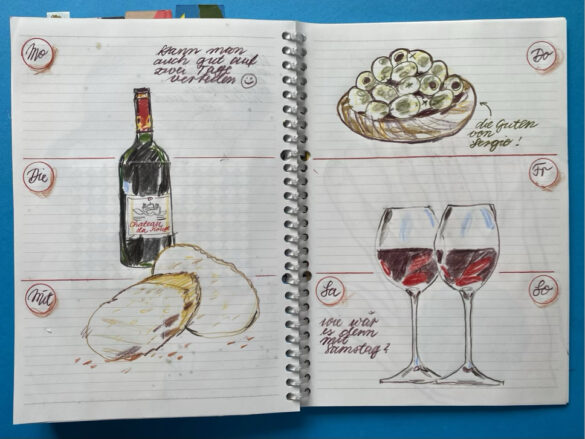 Weingläser Brot und Oliven als gezeichnete Collage in einem selbst gestalteten aufgeschlagenen Kalender