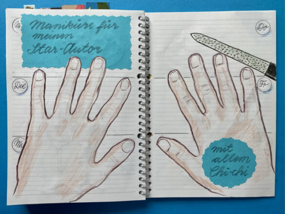 Hände mit Nagelfeile als gezeichnete Collage in einem selbst gestalteten aufgeschlagenen Kalender