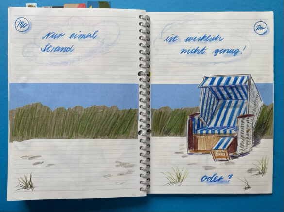 ein Strandkorb an idyllischem Strand als Illustration bzw gezeichnete Collage in einem selbst gestalteten aufgeschlagenen Kalender