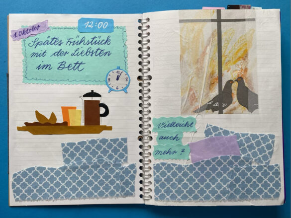 ein frühstück im Bett mit Tauben am Fenster als Illustration bzw gezeichnete Collage in einem selbst gestalteten aufgeschlagenen Kalender