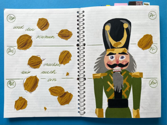 Nüsse und ein erzgebirgischer Nussknacker als Illustration bzw gezeichnete Collage in einem selbst gestalteten aufgeschlagenen Kalender