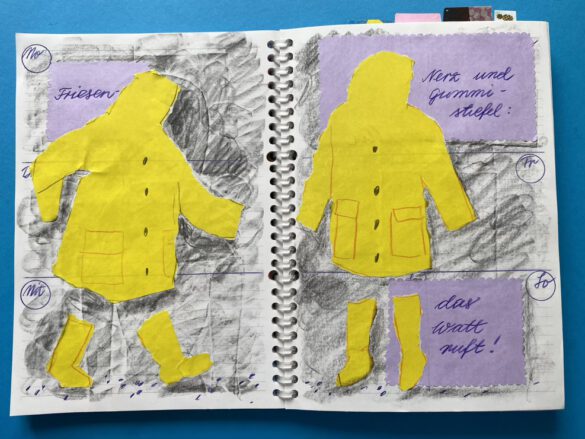 Regenjacken und Gummistiefel in Gelb als Illustration bzw gezeichnete Collage in einem selbst gestalteten aufgeschlagenen Kalender