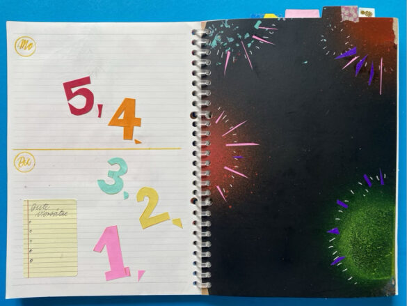 bunter Countdown und Raketenhimmel als Illustration bzw gezeichnete Collage in einem selbst gestalteten aufgeschlagenen Kalender