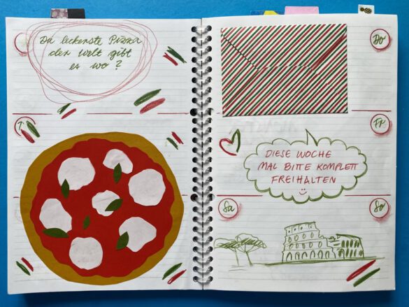 Pizza und Colosseum als Illustration bzw gezeichnete Collage in einem selbst gestalteten aufgeschlagenen Kalender