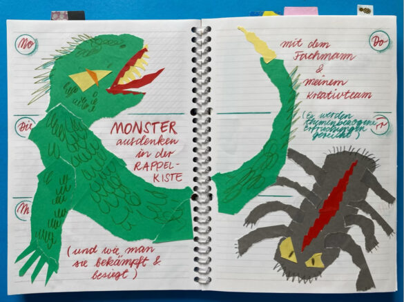 zwei Monster im Kinderbuchstil als Illustration bzw gezeichnete Collage in einem selbst gestalteten aufgeschlagenen Kalender