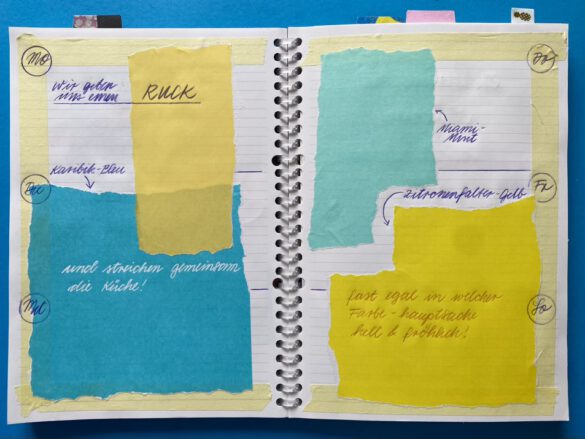 Abstrakte Komposition aus gelb blau und türkis als Illustration bzw gezeichnete Collage in einem selbst gestalteten aufgeschlagenen Kalender