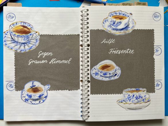 Zeichnung Collage von Teetassen in einem Kalender