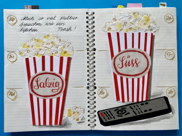 Popcorntüten mit Fernbedienung Abstrakte Komposition aus Text ausrissen und Blattgold als Illustration bzw gezeichnete Collage in einem selbst gestalteten aufgeschlagenen Kalender