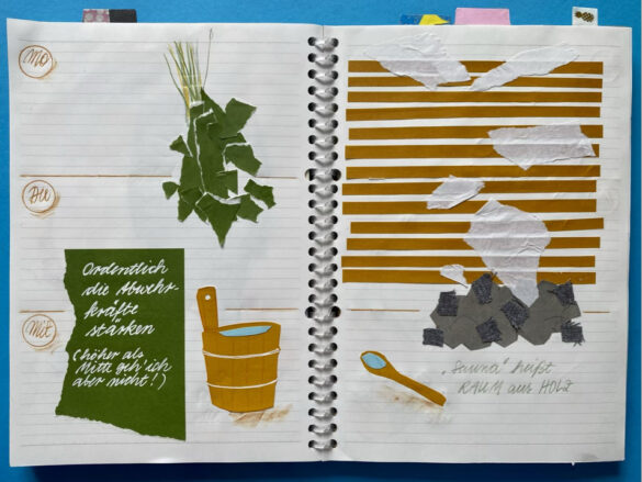 Sauna Impressionen Abstrakte Komposition aus Text ausrissen und Blattgold als Illustration bzw gezeichnete Collage in einem selbst gestalteten aufgeschlagenen Kalender