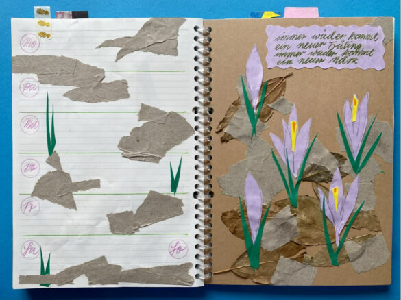 Blühende Krokusse als als Illustration bzw gezeichnete Collage in einem selbst gestalteten aufgeschlagenen Kalender