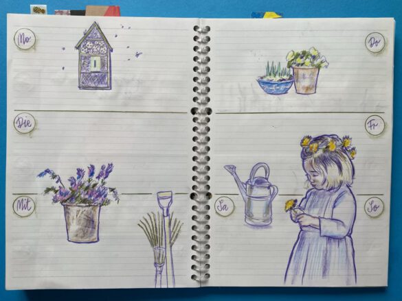 Kind und Blumentöpfe als Illustration bzw gezeichnete Collage in einem selbst gestalteten aufgeschlagenen Kalender