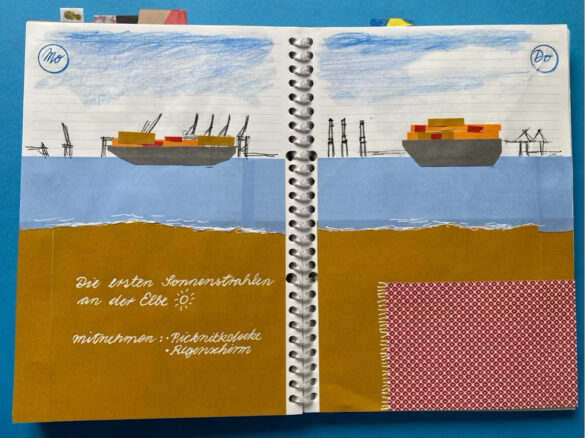 Schiffe auf der Elbe bei Hamburg als Illustration bzw gezeichnete Collage in einem selbst gestalteten aufgeschlagenen Kalender