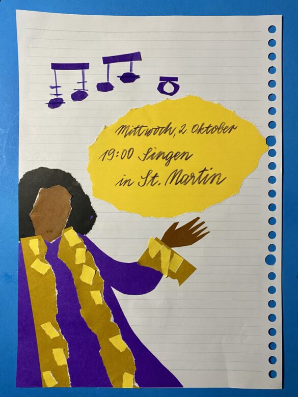 Sängerin eines Gospelchor als Illustration bzw gezeichnete Collage in einem selbst gestalteten aufgeschlagenen Kalender