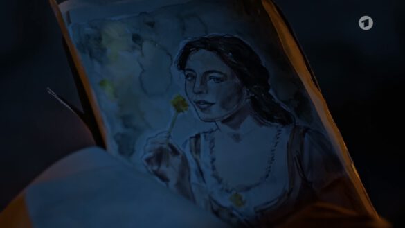 Portraitzeichnung einer jungen Frau wird nachts bei wenig licht betrachtet