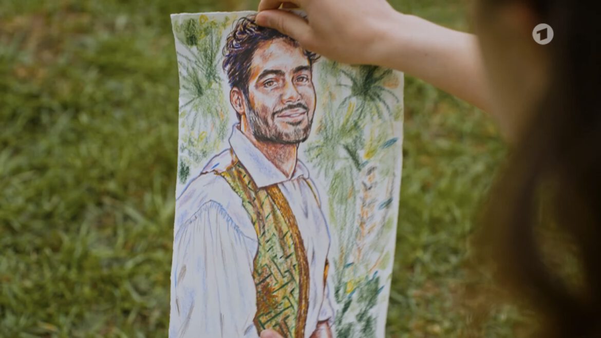 das gezeichnete farbige portrait eines jungen Mannes mit bart in historischem Kostüm wird vor dem Hintergrund einer wiese betracht