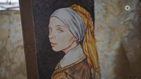 farbiges gezeichnetes portrait einer jungen Frau im Look des Gemäldes Mädchen mit dem Perlenohrring von Jan Vermeer