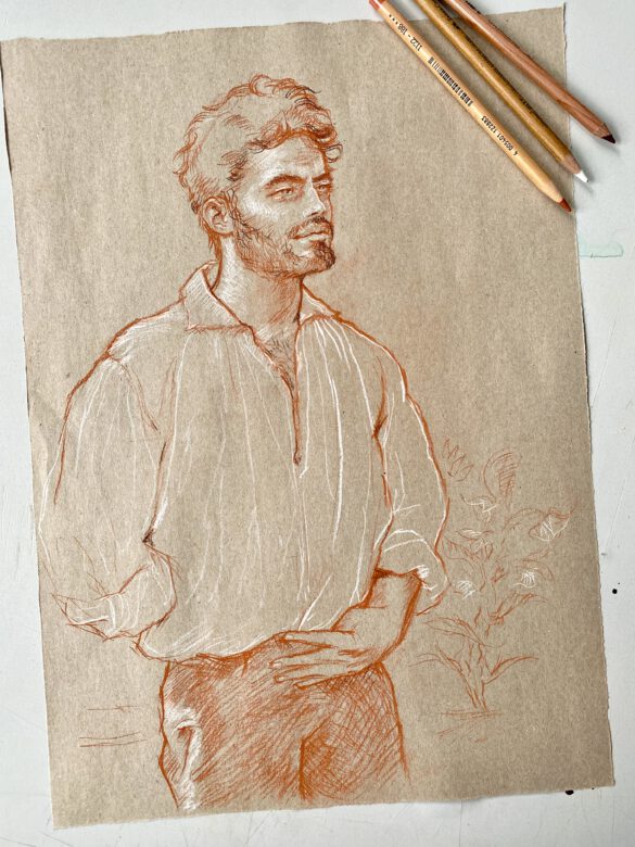 Portrait Zeichnung in Rötel eines jungen Mannes in historischem Kostüm und Pose