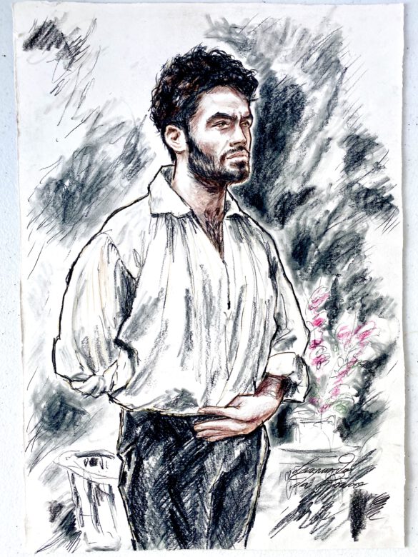 Portrait Zeichnung eines jungen Mannes in historischem Kostüm und Pose