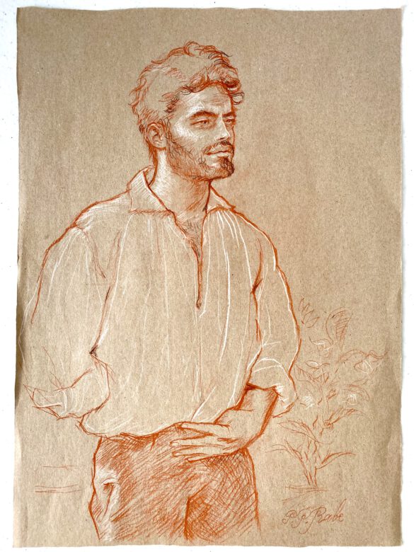 Portrait Zeichnung in Rötel eines jungen Mannes in historischem Kostüm und Pose