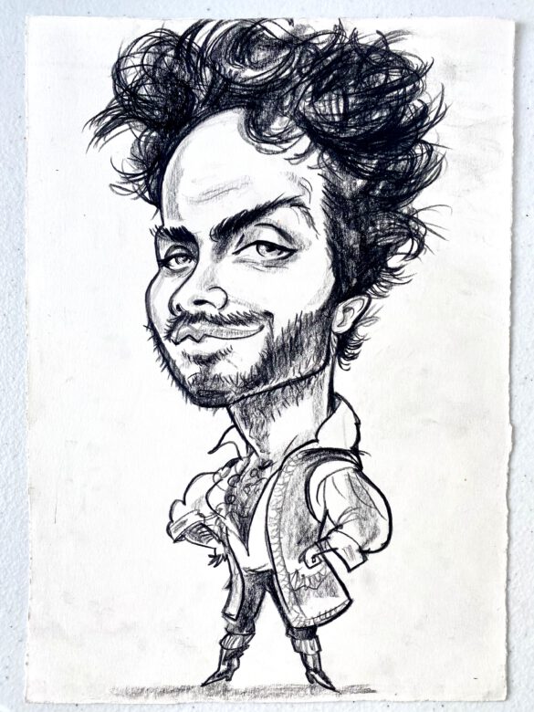 Karikatur eines jungen Mannes mit Bart und offenem Hemd Aram Arami