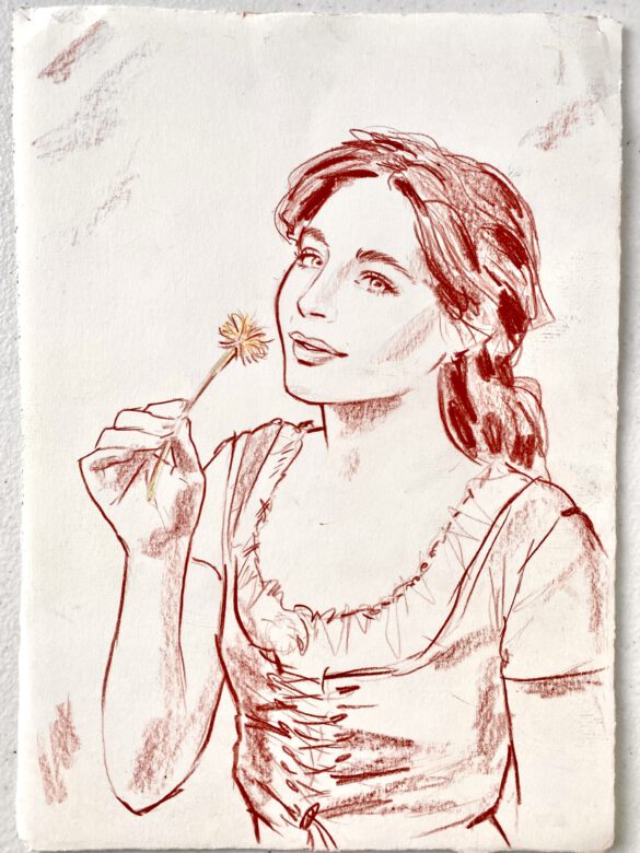Zeichnung in Rötel einer jungen Frau mit Löwenzahn