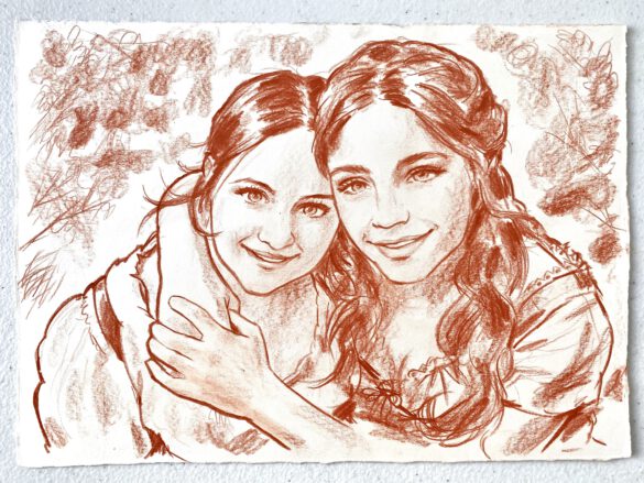 Rötel Zeichnung zweier junger Frauen in Umarmung
