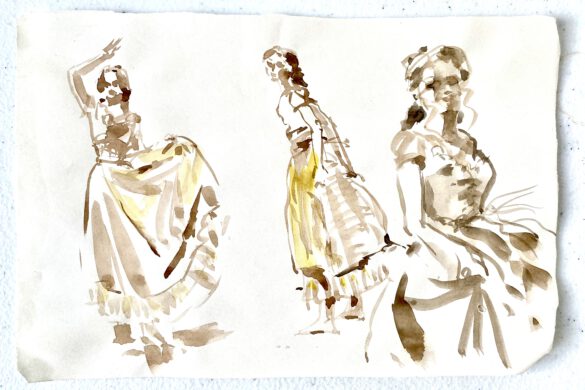 Skizzenblatt mit tusche Malerei tanzendes junges Mädchen