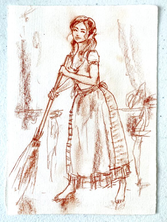 Zeichnung einer jungen Frau mit Besen