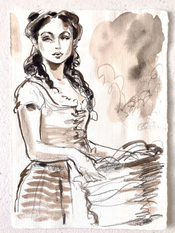 Zeichnung einer jungen Frau mit Wäschekorb