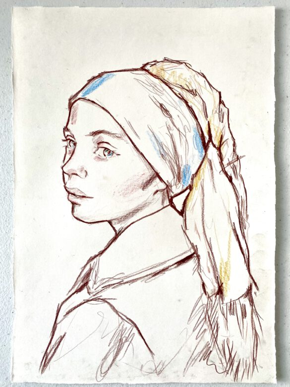 Zeichnung einer jungen Frau im Stil des Mädchens mit dem Perlenohrring
