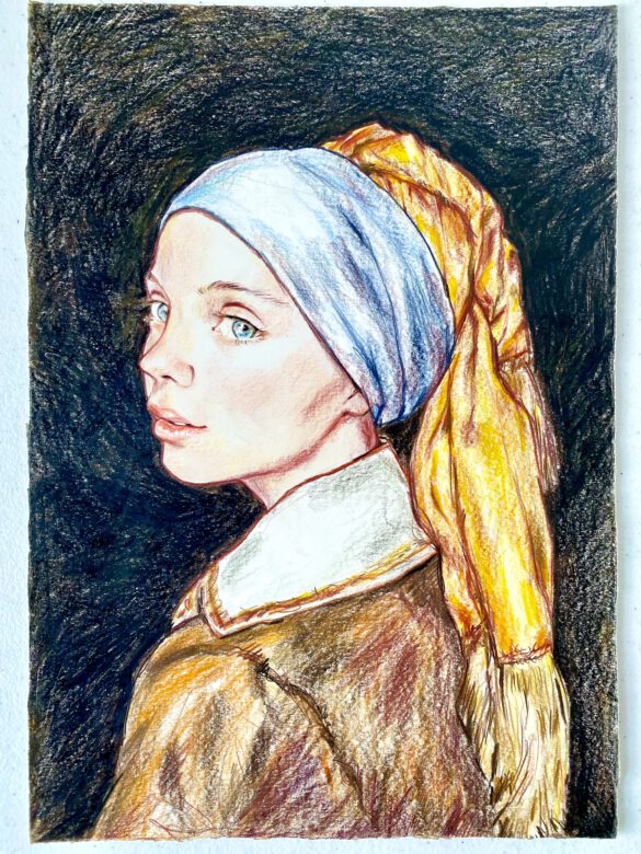 Farbige Zeichnung einer jungen Frau im Stil des Mädchens mit dem Perlenohrring