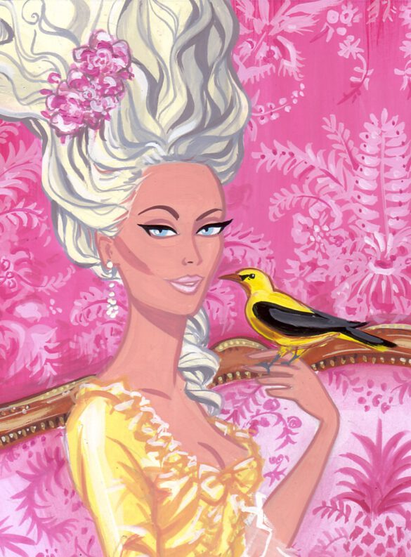 Nahaufnahme einer Rokoko-Dame mit gepuderter Perücke und gelbem Seidenkleid. Auf ihrer Hand sitzt ein gelber Pirol. Der Hintergrund zeigt eine rosa Brokattapete.