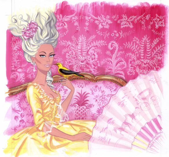 Illustration einer Rokoko-Dame im gelben Seidenkleid mit gepuderter Perücke. Sie sitzt auf einem goldgerahmten Sofa mit rosa Brokatbezug, hält einen gelben Pirol auf der Hand und blickt den Betrachter an. Im Vordergrund liegt ein roséfarbener Fächer.