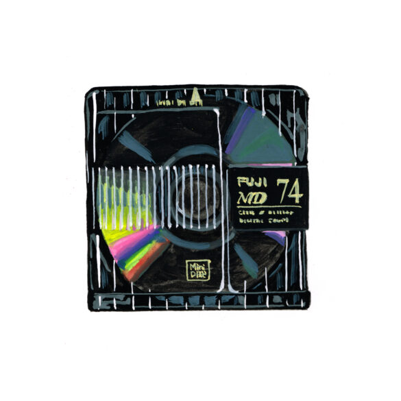 Fuji Minidisc Illustration, realistisch in Gouache auf Bristol dargestellt.