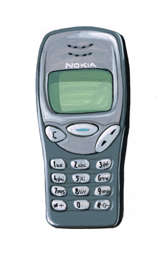 Handgemalte Illustration eines Nokia 3210, in Gouache, ohne Hintergrund.