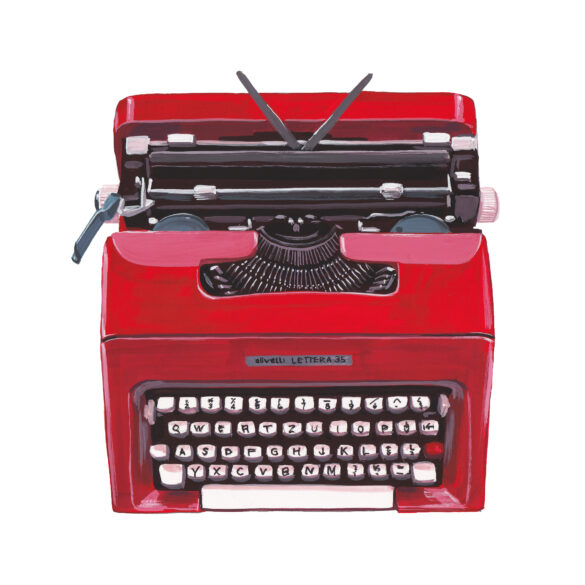 Illustration einer roten Olivetti Lettera Schreibmaschine, freigestellt gemalt.