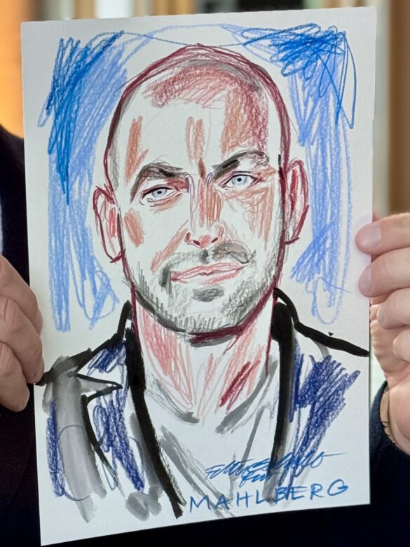 Live Event Illustration: Portraitzeichnung eines Herrn mit Bart und Glatze beim Event von Juwelier Mahlberg in Hamburg, Zeichnung von Illustrator Felix Scholz aus Berlin